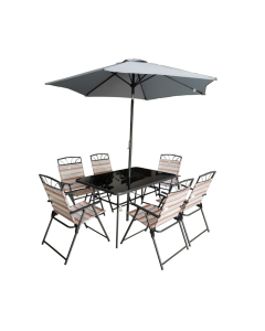 8-Piece Steel Text Garden Furniture Dining Set with Parasol & Folding Chairs | Grey Stripe