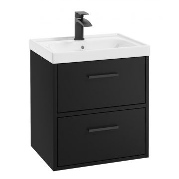 Finland 50cm Two Drawer Wall Hung Matt Black Vanity Unit - Matt Black Handle