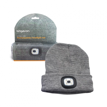 Kingavon USB Rechargeable Head Light Torch Beanie Hat - Grey | BB-HL164