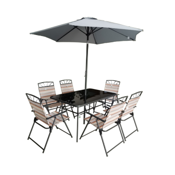 8-Piece Steel Text Garden Furniture Dining Set with Parasol & Folding Chairs | Grey Stripe