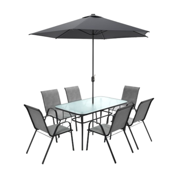 Steel Frame 8-Piece Garden Furniture Dining Set with Parasol - Black & Grey | EA78593