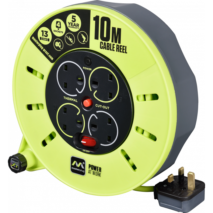 Masterplug Pro XT 13 Amp 4 Gang Cassette Cable Reel - 10m - Green
