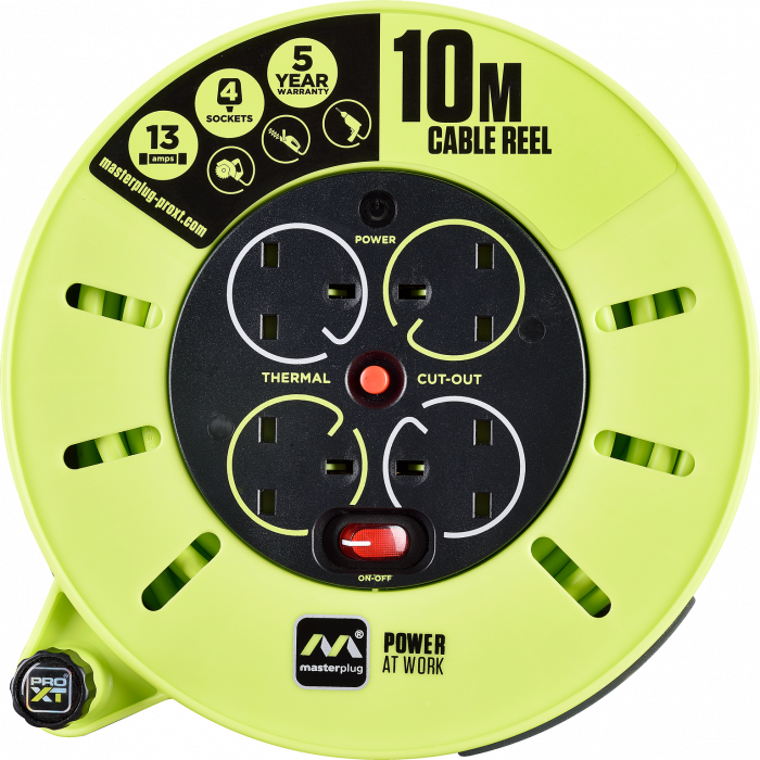 Masterplug Pro XT 13 Amp 4 Gang Cassette Cable Reel - 10m - Green