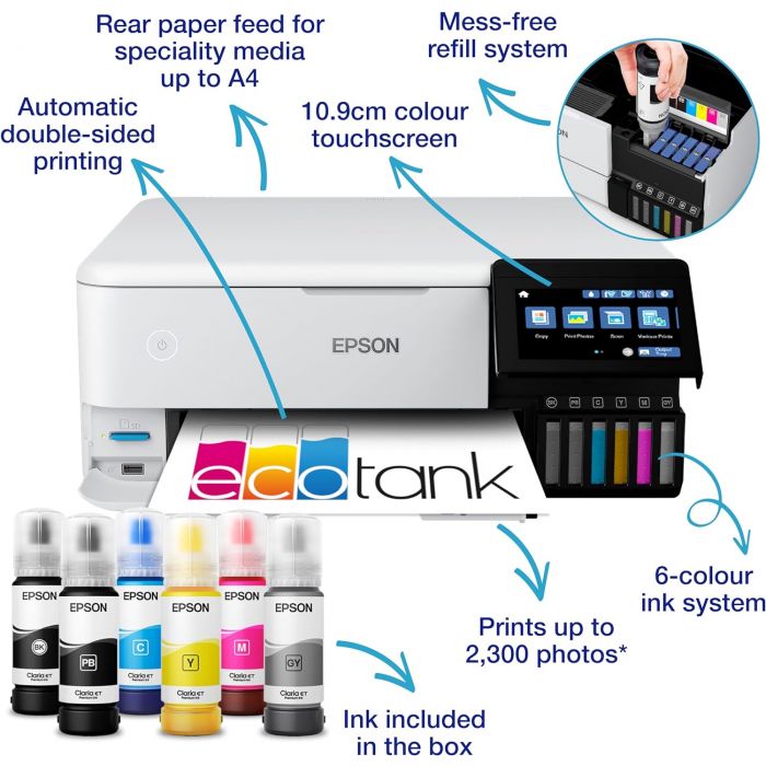 EcoTank A4 Wi-Fi Ink Tank Photo Printer - White | ET-8500