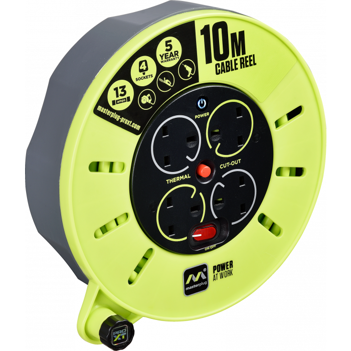 Masterplug Pro XT 13 Amp 4 Gang Cassette Cable Reel - 10m - Green