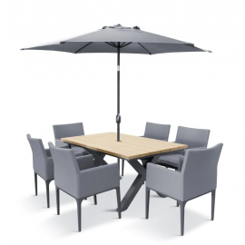 STOCKHOLM 6 Seat Dining Set with Armchairs & Deluxe 3m Parasol | STH/SET4